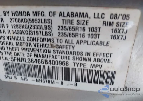 2006 Honda Odyssey Ex из США, поврежденный, VIN 5FNRL38466B400968